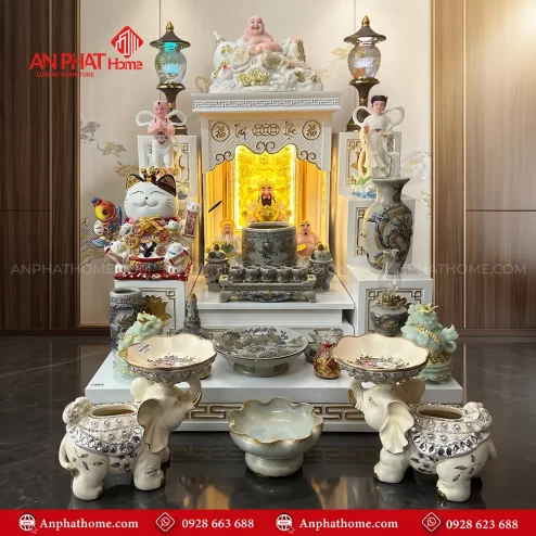 Bàn Thờ Thần Tài Thổ Địa Trắng Mái Bằng Đồ Thờ Men Rạn Bát Tràng BT-2730