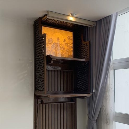 Bàn Thờ Treo Tường 2 Tầng Kết Hợp Tranh Trúc Chỉ Và Rèm Che BT-2663