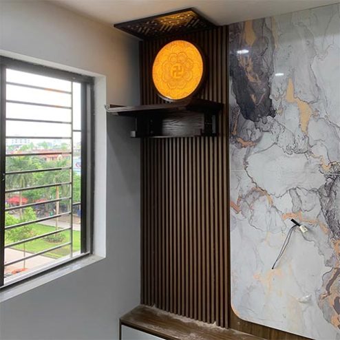 Bàn Thờ Treo Tường Chung Cư Kết Hợp Vách Gỗ Nan Sóng BT-2666
