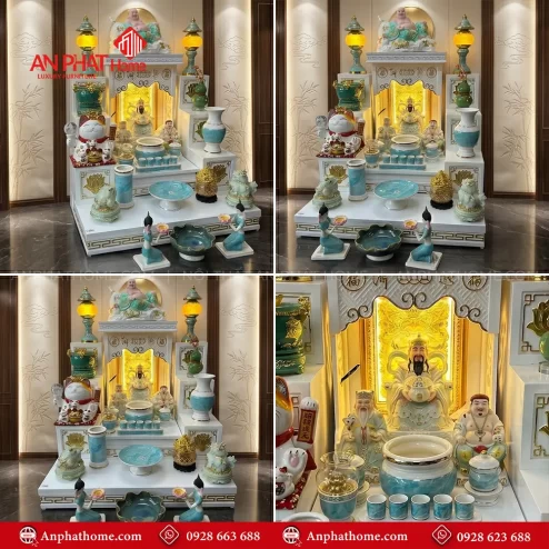 Mẫu Bàn Thờ Ông Địa Trắng Mái Bằng Đồ Thờ Giả Đá Xanh BT-2731