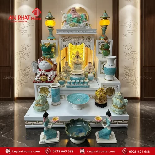Mẫu Bàn Thờ Ông Địa Trắng Mái Bằng Đồ Thờ Giả Đá Xanh BT-2731