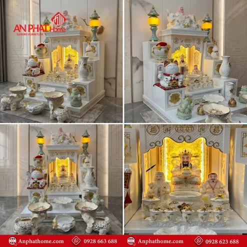 Mẫu Bàn Thờ Thần Tài Đẹp Trắng Đồ Thờ Bạch Ngọc Hoa Sen Nhập Khẩu BT-2705