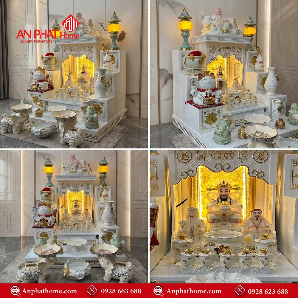 Mẫu Bàn Thờ Thần Tài Đẹp Trắng Đồ Thờ Bạch Ngọc Hoa Sen Nhập Khẩu BT-2705