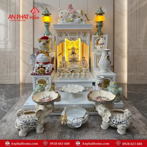 Mẫu Bàn Thờ Thần Tài Đẹp Trắng Đồ Thờ Bạch Ngọc Hoa Sen Nhập Khẩu BT-2705