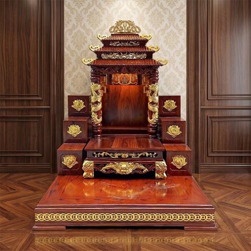 Mẫu Bàn Thờ Thần Tài Mái Chùa Cột Song Long Dát Vàng BT-2716
