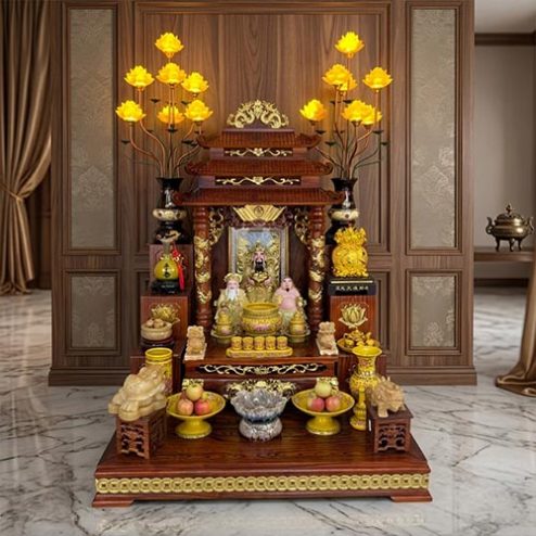 Mẫu Bàn Thờ Thần Tài Mái Chùa Đủ Đồ Thờ Cao Cấp BT-2679